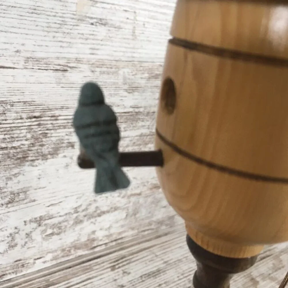Vintage Hand-Turned Wood Birdhouse Ornament with Stand Folk Art